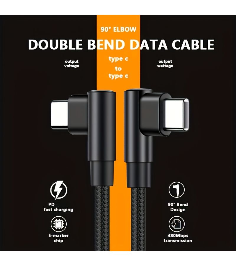 جديلة نايلون 90 درجة كابل شحن سريع من USB C إلى Type C PD بطول 2 متر 6.56 قدم سلك شحن مزدوج من النوع C لسامسونج وشاومي وهواوي وأجهزة الكمبيوتر اللوحية - Image 1