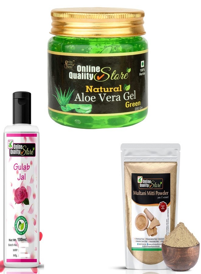 Online Quality Store Natural Aloe Vera Gel Green (200ml) + Pure Multani Mitti Powder (150g) + Rose Water (100ml) Combo Pack, 450g - Image 1