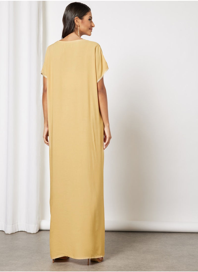 Hayat - Jalabiya With Floral Print And Lace Embellishment On Neckline - Image 1