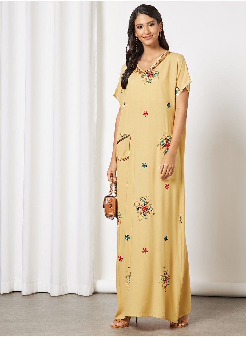 Hayat - Jalabiya With Floral Print And Lace Embellishment On Neckline - Image 1