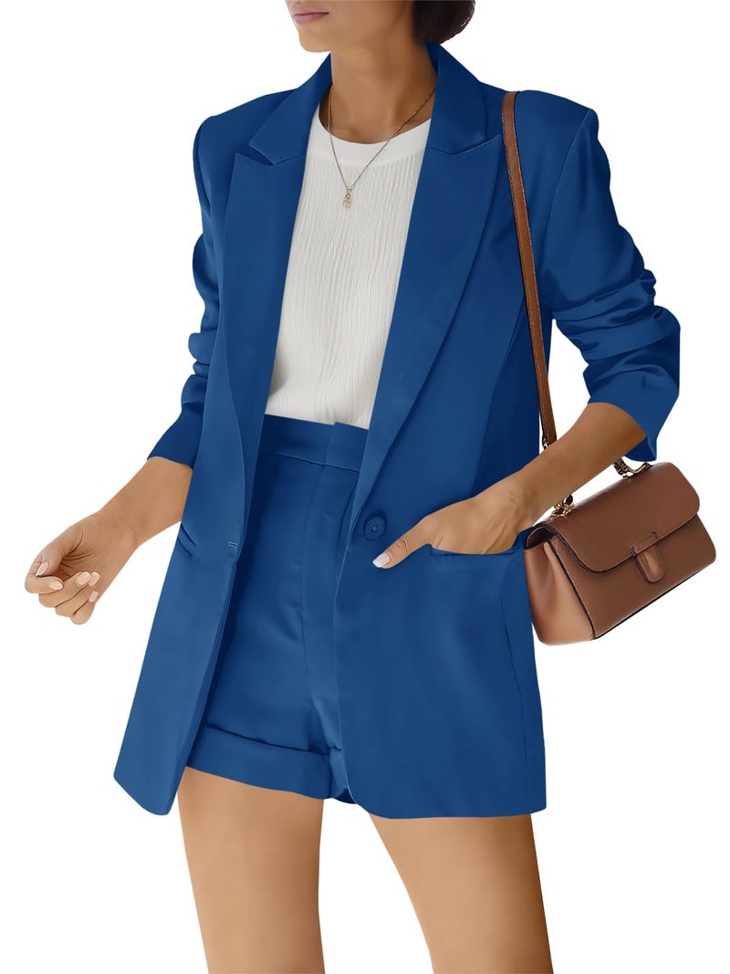 Fisoew Womens 2 Piece Open Front Long Sleeve Blazer and Solid Short Pants Suit Sets Royal Blue
