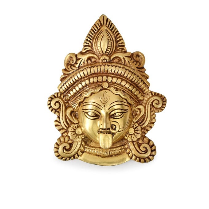 BRASS WALL HANGING KALI MAA FACE STATUE HANDCRAFTED INDIAN RELIGIOUS MAHAKALI SCULPTURE KALIFACE DECORATIVE PUJA FIGURINE IDOL FOR HOME SHOP OFFICE GIFTING PURPOSE GOLDEN