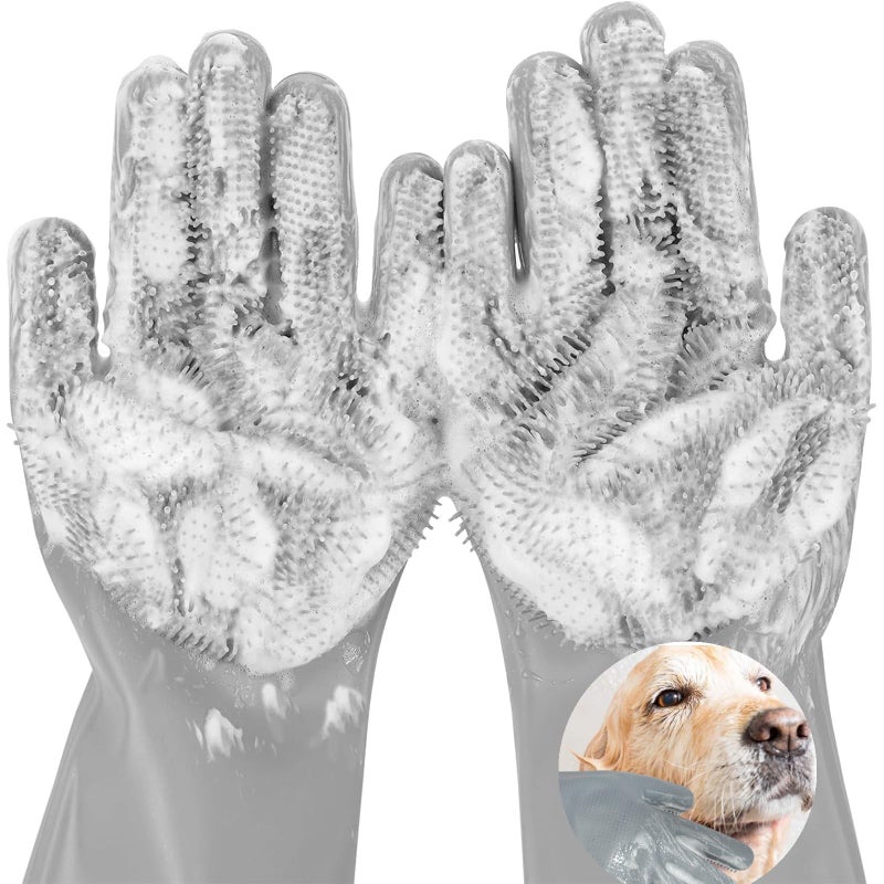 AKEISHE Dog Washing Gloves for Shedding & Bathing - 5-Finger Deshedding & Massage Gloves for Dogs & Cats, Reusable Heat-Resistant Silicone Brush Gloves, Gentle Hair Removal & Bathing Aid (Pair) (Grey) - Image 1