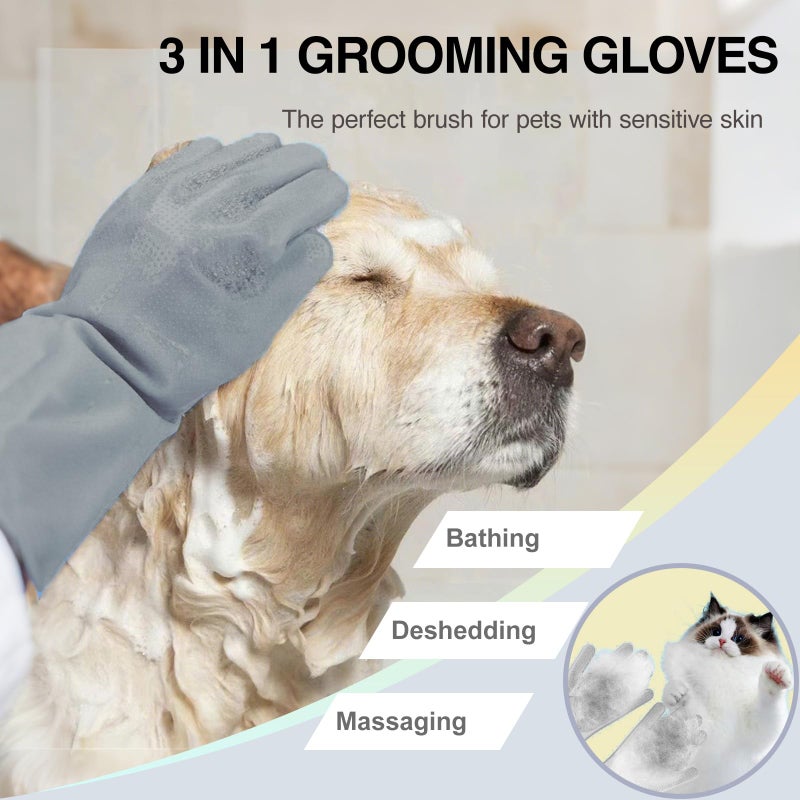 AKEISHE Dog Washing Gloves for Shedding & Bathing - 5-Finger Deshedding & Massage Gloves for Dogs & Cats, Reusable Heat-Resistant Silicone Brush Gloves, Gentle Hair Removal & Bathing Aid (Pair) (Grey) - Image 2