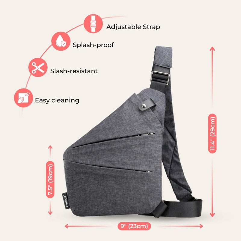 FlyHugz Anti-Theft Crossbody Sling Bag for Travel - Gray Canvas, Multi-Pocket Design for Men & Women, RFID Protection, Water-Resistant - Image 4
