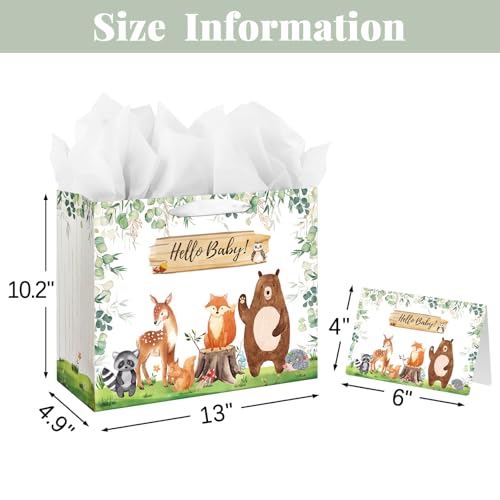 Laidans 13 Large Baby Boy Girl Gift Bag for Baby Shower or Birthday with Handle Tissue Paper and Greeting Card Woodland Animals Design Large Sage Green - Image 3