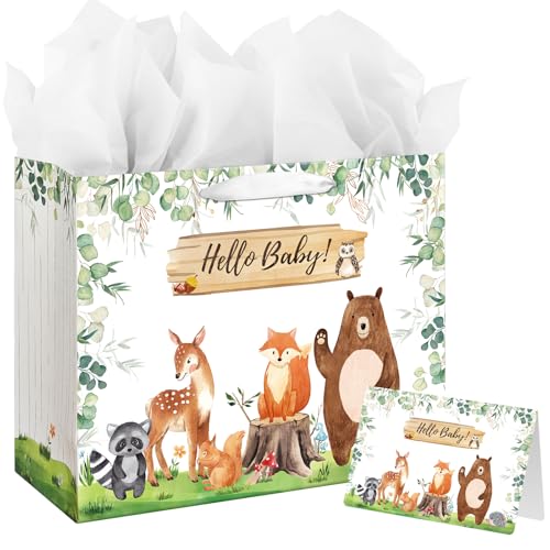 Laidans 13 Large Baby Boy Girl Gift Bag for Baby Shower or Birthday with Handle Tissue Paper and Greeting Card Woodland Animals Design Large Sage Green - Image 1