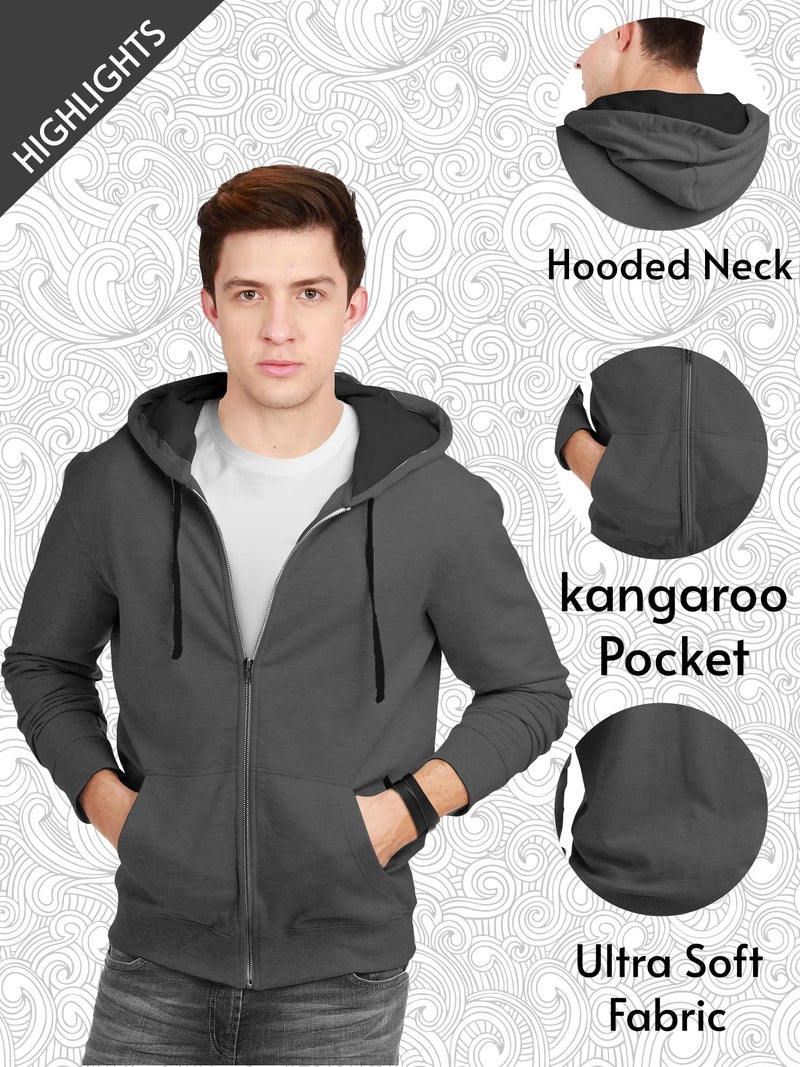 fanideaz Men's Cotton Hooded Sweatshirt with Zip_DarkMelange_S - Image 3