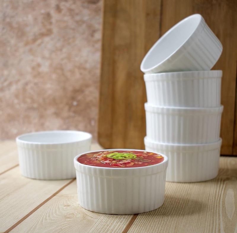Clay Craft Basics - Ceramic Ramekin Bowl/Soufflé Dish for Baking and Serving Puddings, custards or Other Desserts - Set of 6-180 ml (WHITE)