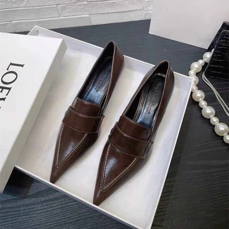 French European and American style high heels 2024 spring and autumn stiletto heel deep mouth pointed single shoes temperament mid heel commuter professional womens shoes Brown - Image 1