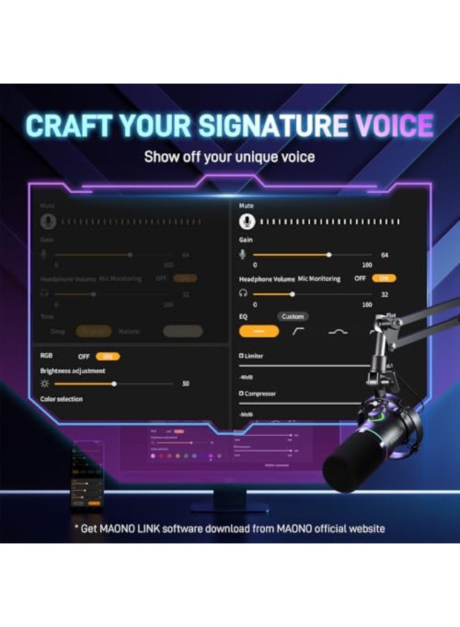 ماونو ميكروفون بودكاست MAONO XLR/USB، ميكروفون ديناميكي للكمبيوتر للتسجيل والبث والألعاب والتعليق الصوتي، ميكروفون معدني مع برنامج، زر كتم الصوت، مدخل سماعة، زر التحكم في الجاج وفتحة الصوت - PD200X - Image 3