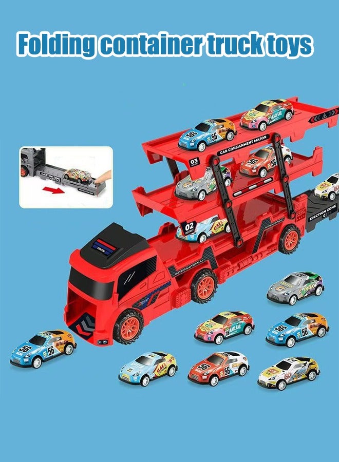 Foldable toy truck 8Pcs Racer Vehicle With Container Truck  Catapult folding container truck toy Folding container toy car Alloy car toy set Multi layer storage Boy's toy car - Image 1