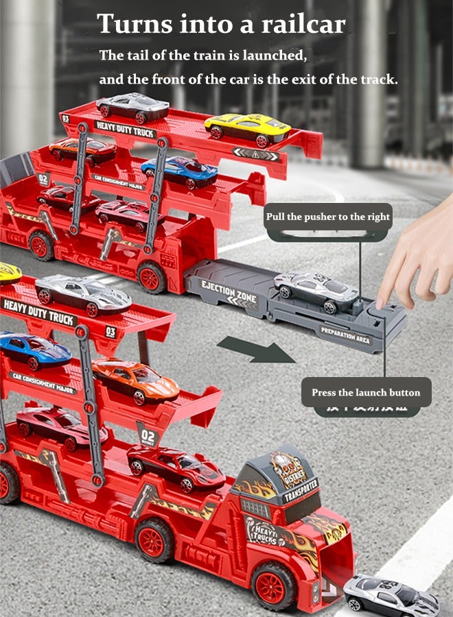 Foldable toy truck 8Pcs Racer Vehicle With Container Truck  Catapult folding container truck toy Folding container toy car Alloy car toy set Multi layer storage Boy's toy car - Image 5