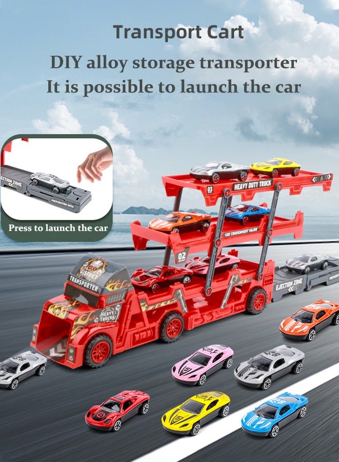 Foldable toy truck 8Pcs Racer Vehicle With Container Truck  Catapult folding container truck toy Folding container toy car Alloy car toy set Multi layer storage Boy's toy car - Image 4