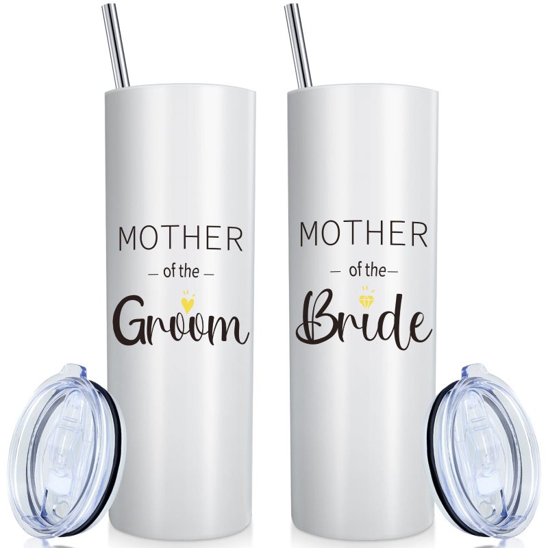 Cunhill 2 Pieces Mother of the Groom Mother of the Bride Mug Tumblers Wedding Gift for Engagement Announcement Party Insulated Tumbler Stainless Steel with Lid Straw Brush WhiteStraight Style