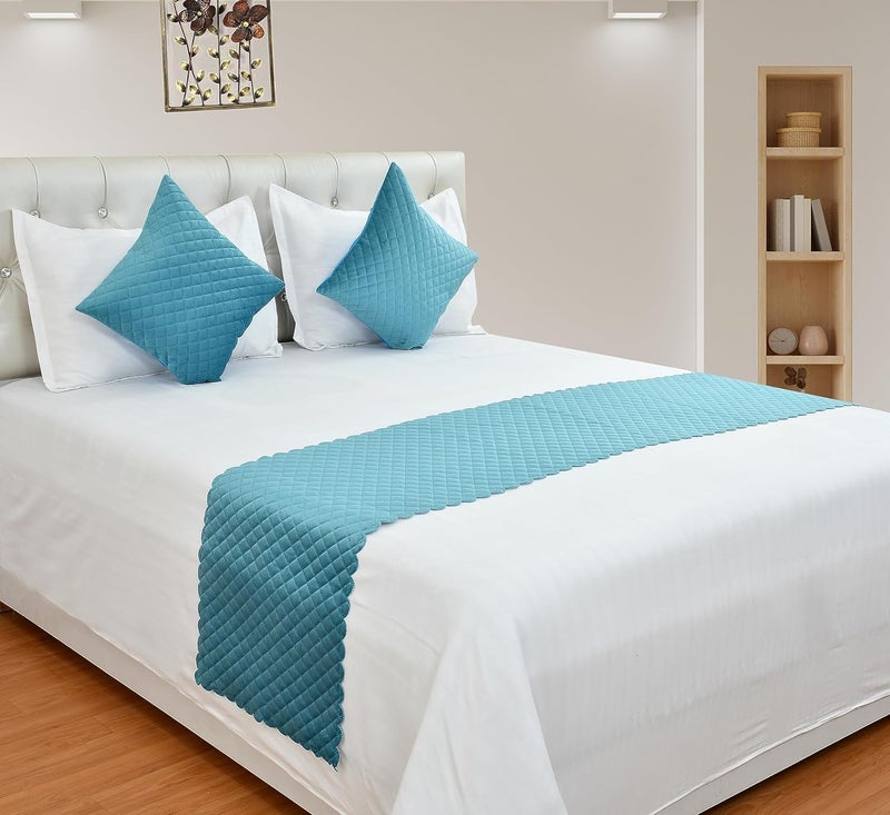 YUKU YUKU Premium Velvet Quilted Set of Bed Runner16 X 96 Inches and 2 Pillow Cover16 X 16 Inches Combo Set Sky Blue 
