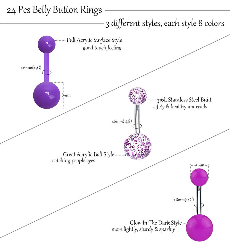 EVELICAL 24Pcs 14G Stainless Steel Belly Button Rings for Women Acrylic Screw Navel Bars Body Piercing Jewelry Style 3 - Image 3