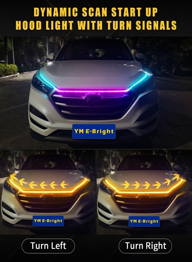 YM EBright YM E-Bright Car Led Lights Exterior RGB Hood Light Strip Waterproof Multicolor Dynamic Scan Start Up Hoodbeam Kit DRL Daytime Running Lights for Cars,Truck,SUV,APP Control,12V 70inch - Image 2