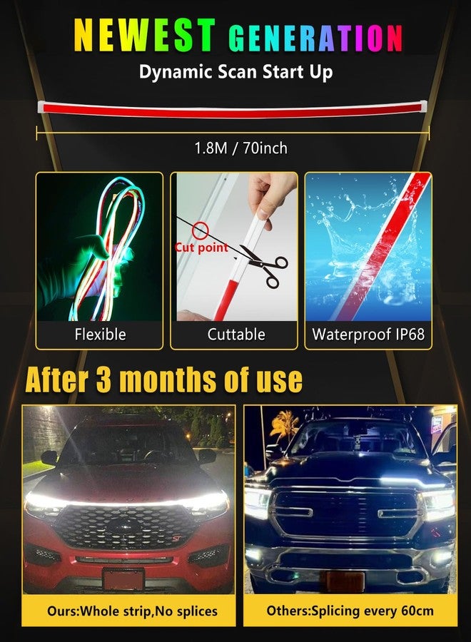 YM EBright YM E-Bright Car Led Lights Exterior RGB Hood Light Strip Waterproof Multicolor Dynamic Scan Start Up Hoodbeam Kit DRL Daytime Running Lights for Cars,Truck,SUV,APP Control,12V 70inch - Image 3