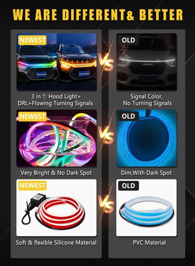 YM EBright YM E-Bright Car Led Lights Exterior RGB Hood Light Strip Waterproof Multicolor Dynamic Scan Start Up Hoodbeam Kit DRL Daytime Running Lights for Cars,Truck,SUV,APP Control,12V 70inch - Image 5
