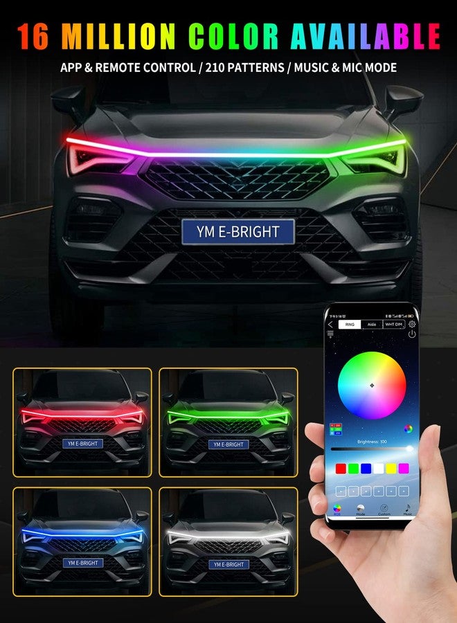YM EBright YM E-Bright Car Led Lights Exterior RGB Hood Light Strip Waterproof Multicolor Dynamic Scan Start Up Hoodbeam Kit DRL Daytime Running Lights for Cars,Truck,SUV,APP Control,12V 70inch - Image 4