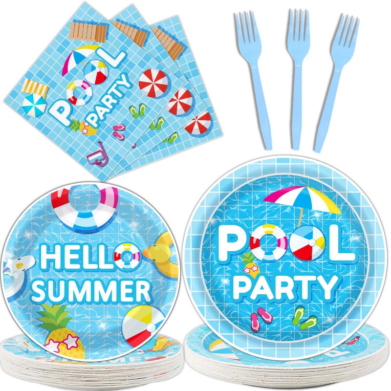 96 Pieces Pool Party Tableware Set for Summer Beach Table Decorations Supplies Beach Ball Birthday Dessert Plates Summer Pool Party Napkins Forks for 24 Guests Hawaiian Pool Birthday Party Favors