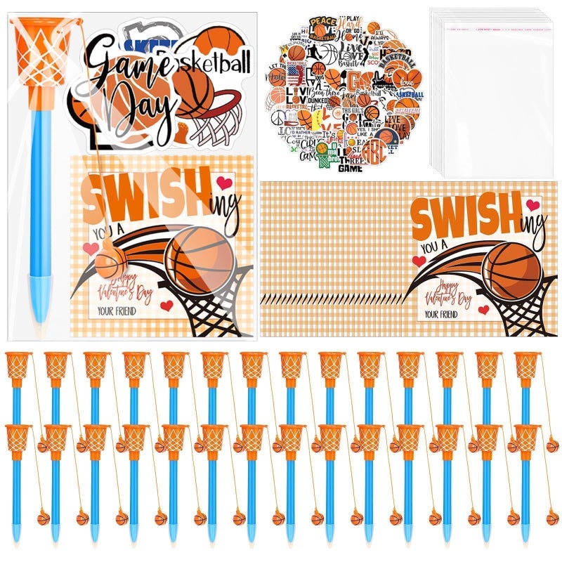 Gosodeny 28 Set Basketball Party Favor Set with Mini Hoop Pens Stickers Exchange Cards and Gift Bags Bulk Gifts Sports Birthday Goodie Bag Fillers for Adult - Image 3