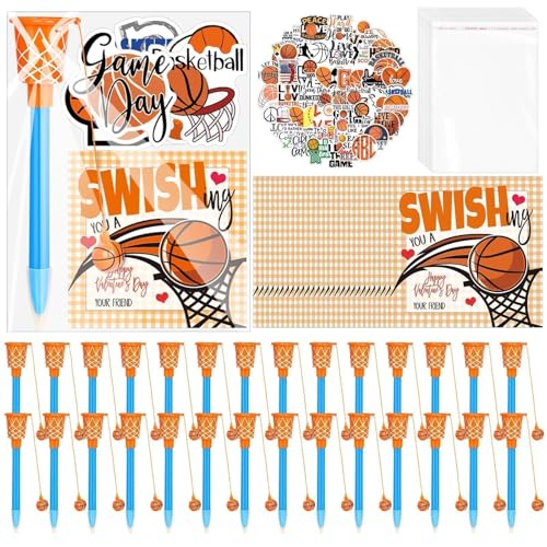 Gosodeny 28 Set Basketball Party Favor Set with Mini Hoop Pens Stickers Exchange Cards and Gift Bags Bulk Gifts Sports Birthday Goodie Bag Fillers for Adult - Image 1