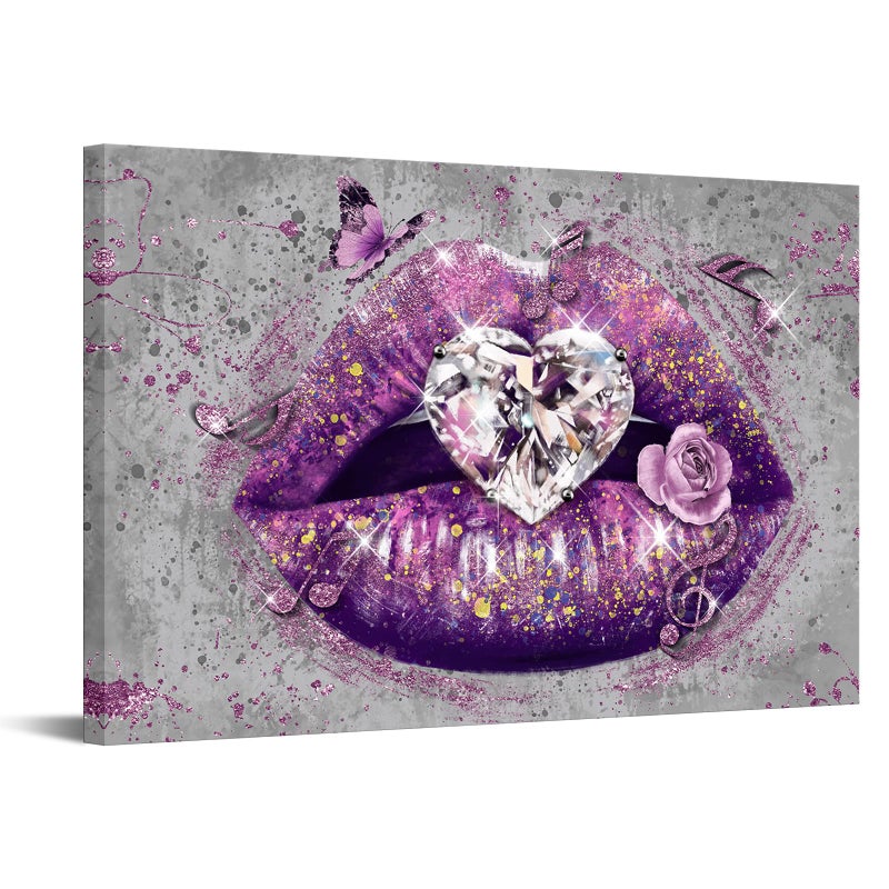 RnnJoile Lip Wall Art Decor Purple and Silver Pictures Canvas Painting Glam Bedroom Wall Decor 24x36