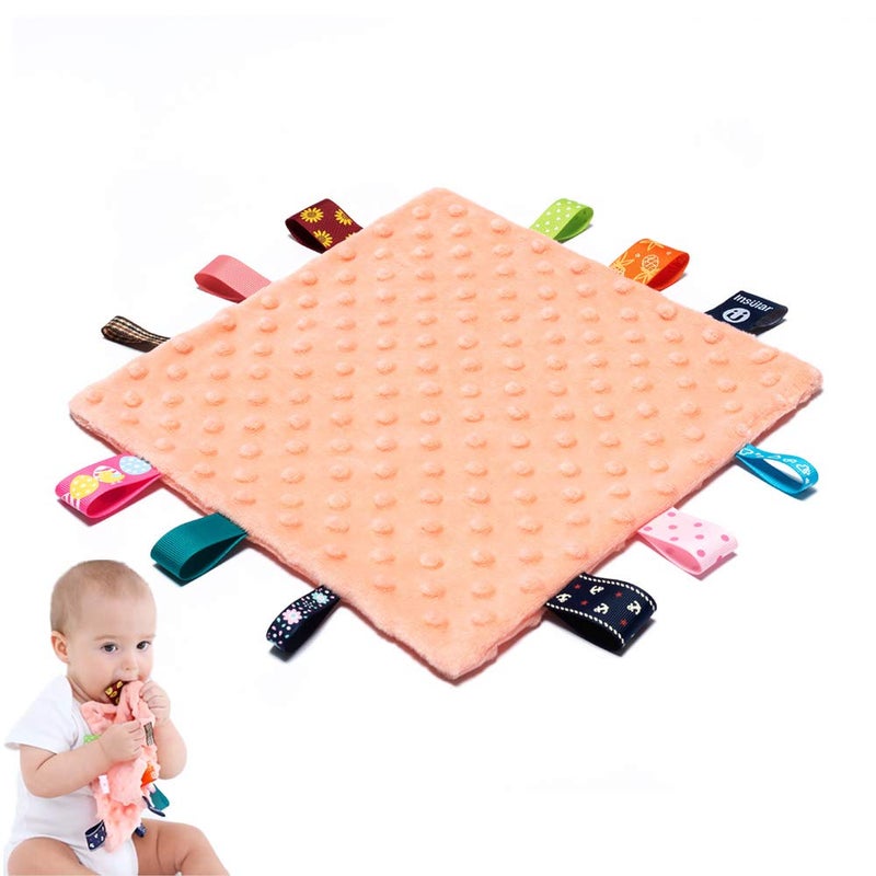 Baby Tags Security Blankets  Baby Soothing Plush Blanket with Colorful Tags 10x10 Square Sensory Toys for Babies Boys and Girls Orange