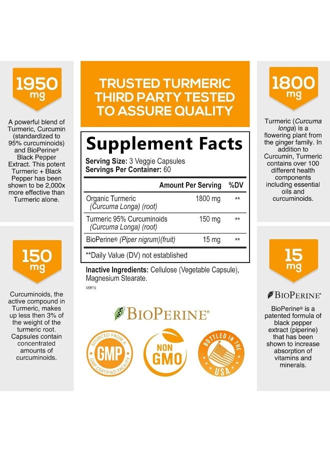 Nature's Nutrition - Turmeric Curcumin with BioPerine 95% Curcuminoids 1950mg with Black Pepper for Best Absorption, Made in USA, Most Powerful Joint Support, Turmeric Supplement Pills by Natures Nutrition - 180 Capsules - Image 1