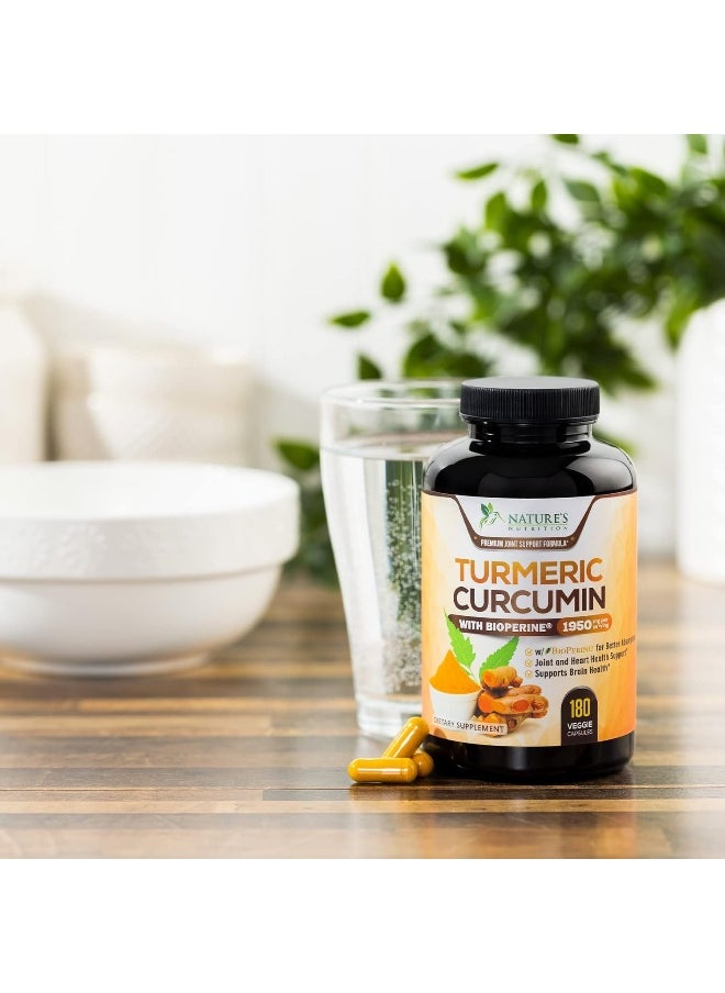 Nature's Nutrition - Turmeric Curcumin with BioPerine 95% Curcuminoids 1950mg with Black Pepper for Best Absorption, Made in USA, Most Powerful Joint Support, Turmeric Supplement Pills by Natures Nutrition - 180 Capsules - Image 1