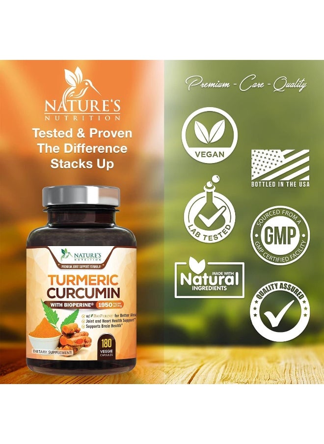 Nature's Nutrition - Turmeric Curcumin with BioPerine 95% Curcuminoids 1950mg with Black Pepper for Best Absorption, Made in USA, Most Powerful Joint Support, Turmeric Supplement Pills by Natures Nutrition - 180 Capsules - Image 1