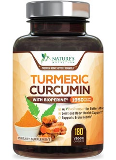 Turmeric Curcumin with BioPerine 95% Curcuminoids 1950mg with Black Pepper for Best Absorption, Made in USA, Most Powerful Joint Support, Turmeric Supplement Pills by Natures Nutrition - 180 Capsules