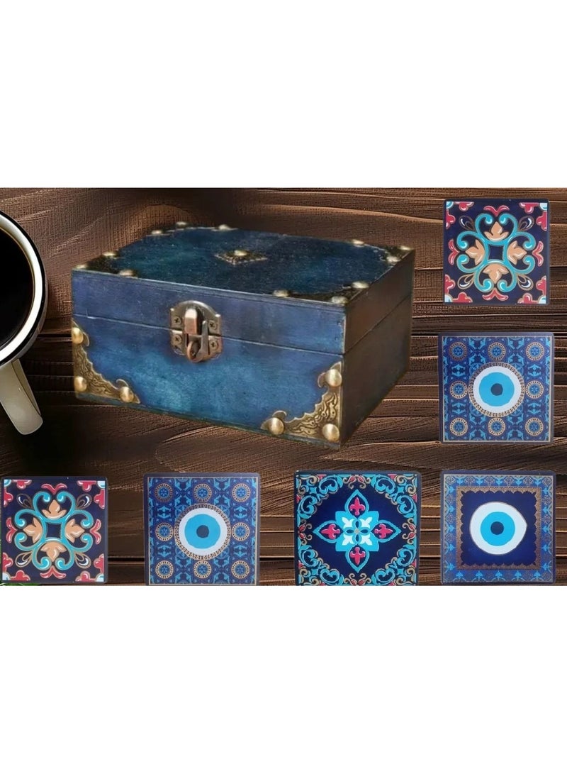 ايربال 2 بلاط زجاجي تركي صناعة يدوية مطبوع غير قابل للإزالة , بلاط زجاجي متعدد الإستخدامات كوستر زجاجي معالج حراريا صعب الكسر  بسماكة 8 ملم ومساحة 9.5 سم * 9.5 سم ووزن 210 جرام للقطعة أشكال عين الحسد ونقوش عتيقة - Image 5