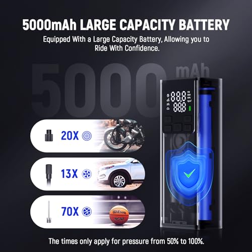 LEXIN P5 Tire Inflator Portable Air Compressor, 150PSI Electric Air Pump for Car Tires, w/Pressure Gauge&LED Light, 5000mAh Cordless Smart Pump for Car/Motorcycle/Bike/Bicycle/Scooter/Ball, Alloy - Image 2