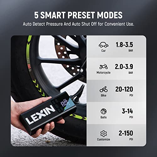 LEXIN P5 Tire Inflator Portable Air Compressor, 150PSI Electric Air Pump for Car Tires, w/Pressure Gauge&LED Light, 5000mAh Cordless Smart Pump for Car/Motorcycle/Bike/Bicycle/Scooter/Ball, Alloy - Image 3
