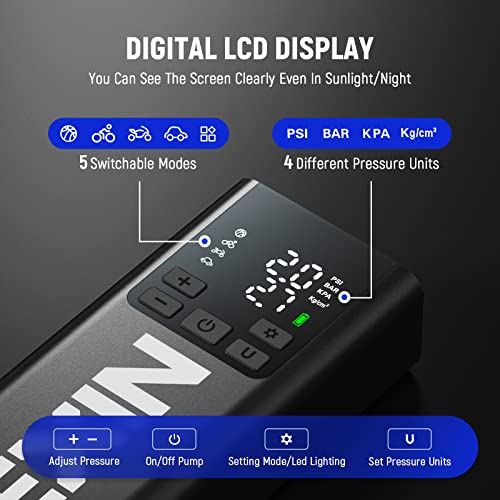 LEXIN P5 Tire Inflator Portable Air Compressor, 150PSI Electric Air Pump for Car Tires, w/Pressure Gauge&LED Light, 5000mAh Cordless Smart Pump for Car/Motorcycle/Bike/Bicycle/Scooter/Ball, Alloy - Image 4