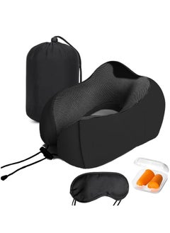 Travel Neck Pillow with Eye Cover and Earplugs Pure Memory Foam Head Support Pillow for Airplane Car and Home Neck and Shoulder Pain Relief Soft Pillow for traveling and Sleeping Black