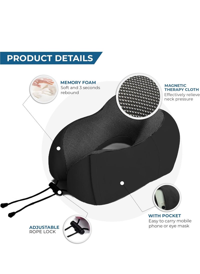 RATSAW - Travel Neck Pillow with Eye Cover and Earplugs Pure Memory Foam Head Support Pillow for Airplane Car and Home Neck and Shoulder Pain Relief Soft Pillow for traveling and Sleeping Black - Image 1
