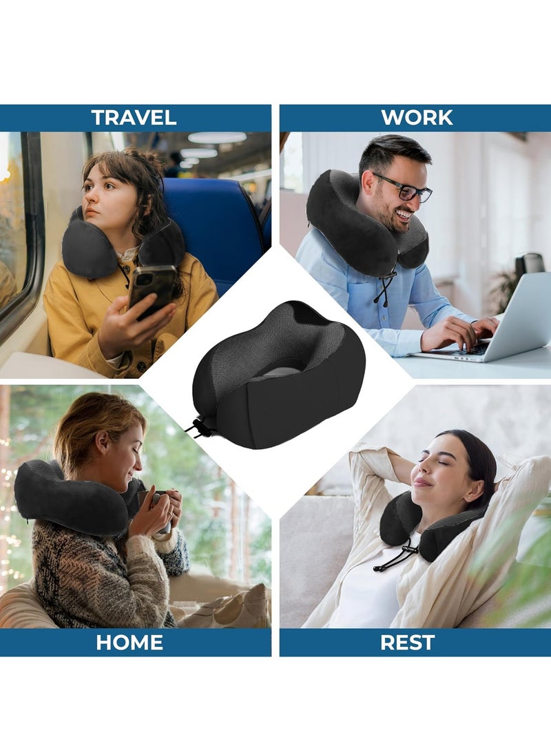 RATSAW - Travel Neck Pillow with Eye Cover and Earplugs Pure Memory Foam Head Support Pillow for Airplane Car and Home Neck and Shoulder Pain Relief Soft Pillow for traveling and Sleeping Black - Image 1