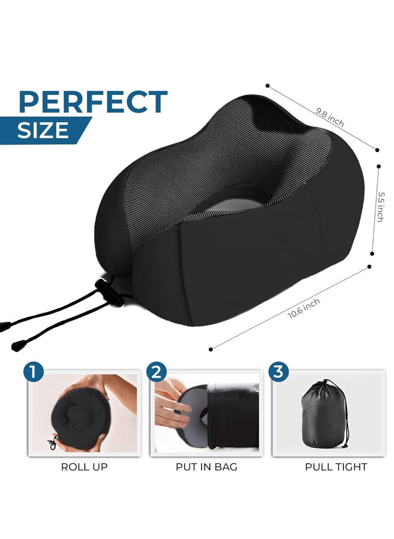 RATSAW - Travel Neck Pillow with Eye Cover and Earplugs Pure Memory Foam Head Support Pillow for Airplane Car and Home Neck and Shoulder Pain Relief Soft Pillow for traveling and Sleeping Black - Image 1