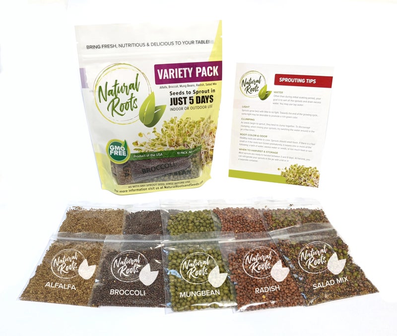 NATURAL ROOTS عبوة متنوعة من بذور الإنبات: بروكلي، البرسيم، فجل، فاصوليا مونغ ومزيج السلطة للإنبات والميكروجرين. غير معدلة وراثيًا. عبوة تحتوي على 10 بذور مقاسة مسبقًا لأواني أو صواني بحجم ربع جالون. - Image 1