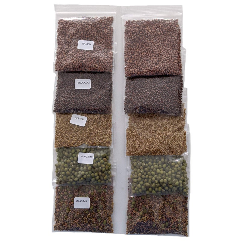 NATURAL ROOTS عبوة متنوعة من بذور الإنبات: بروكلي، البرسيم، فجل، فاصوليا مونغ ومزيج السلطة للإنبات والميكروجرين. غير معدلة وراثيًا. عبوة تحتوي على 10 بذور مقاسة مسبقًا لأواني أو صواني بحجم ربع جالون. - Image 2