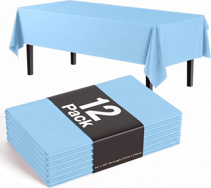 Exquisite 12-Pack Premium Plastic Tablecloth 54in. x 108in. Rectangle Table Cover - Light Blue - Image 1