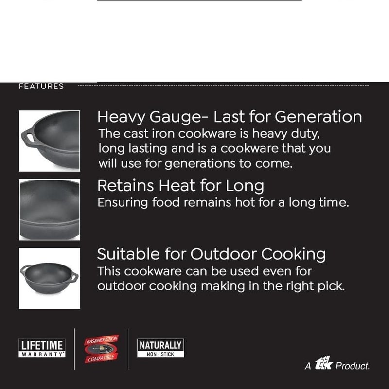 Tannu Craft Tannu Craft Cast Iron Kadai (26cm) |Even Heat Distribution|Scratch Resistant|Compatible with Gas & Induction|Retains Heat for Long kadai Pans  - Image 5