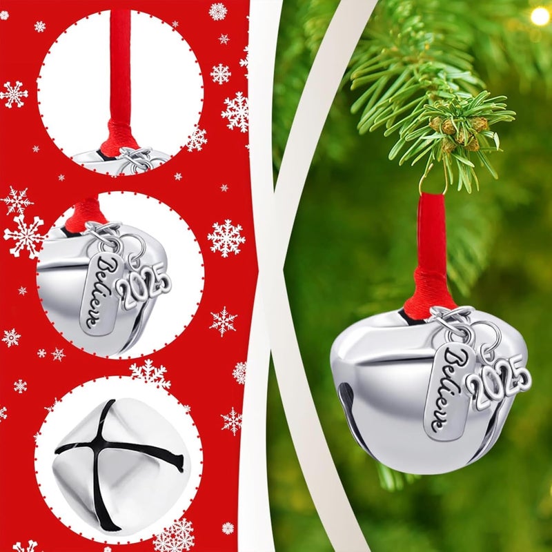 ONTODEX 2025 Believe Christmas Bells, 12 Pieces Santa Claus Sleigh Bells Father Jingle Bell Christmas Eve Box Filler Christmas Tree Home Decoration (Silver, 1.4inch/35mm) - Image 3