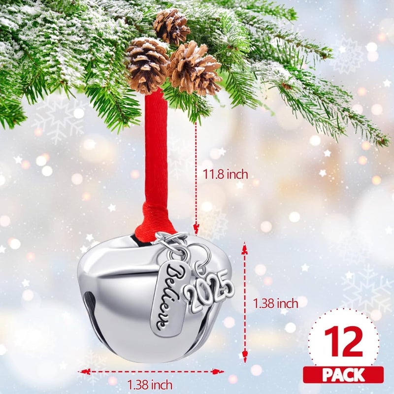 ONTODEX 2025 Believe Christmas Bells, 12 Pieces Santa Claus Sleigh Bells Father Jingle Bell Christmas Eve Box Filler Christmas Tree Home Decoration (Silver, 1.4inch/35mm) - Image 4