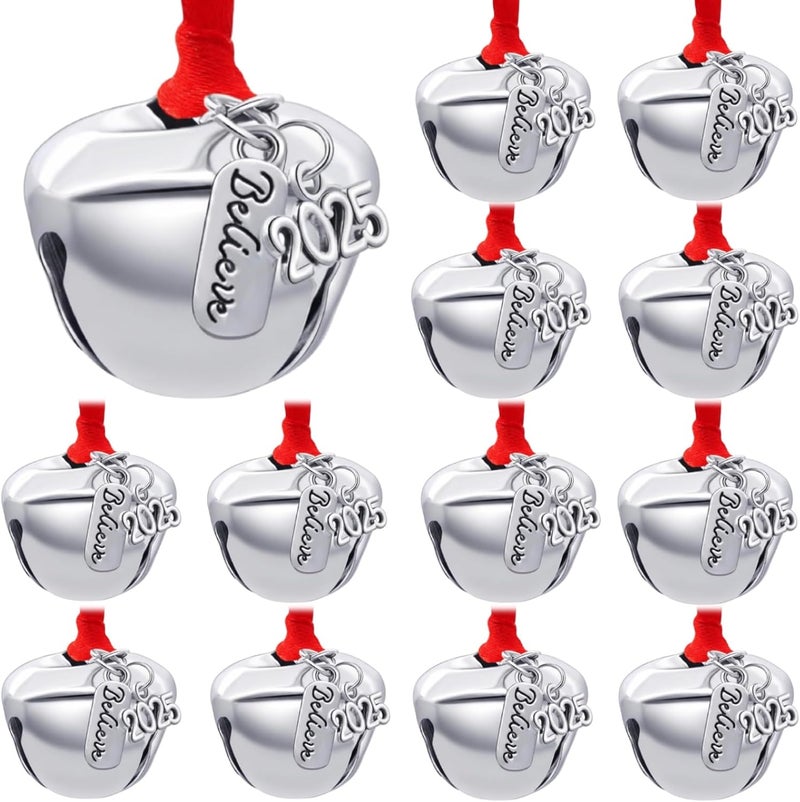 ONTODEX 2025 Believe Christmas Bells, 12 Pieces Santa Claus Sleigh Bells Father Jingle Bell Christmas Eve Box Filler Christmas Tree Home Decoration (Silver, 1.4inch/35mm) - Image 1