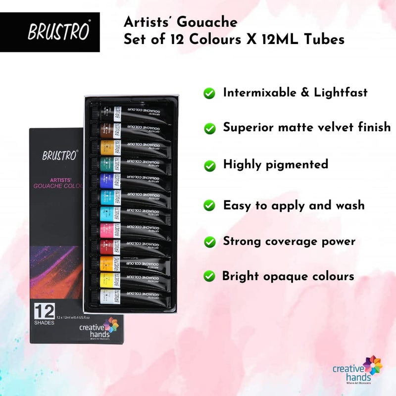 BRUSTRO Artists Gouache Colour | Set of 12 Colours X 12ml Tubes | Highly pigmented, Opaque Colors, Intermixable, Canvas Paint, Perfect For Students, Adults, Beginners, Professionals and Artists - Image 2